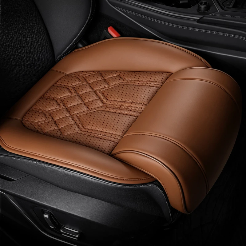 Black Nappa Leather Car Seat Cushion Breathable Perforated Design Thigh Support Easy Install Auto Seat Pad