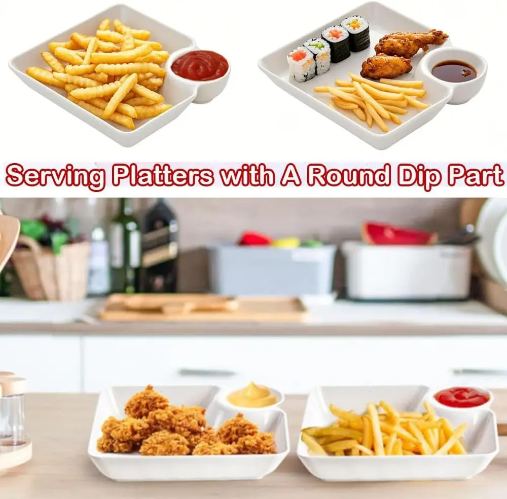 Chip Dip Serving Platter Set, Plastic Dumpling Plates with Sauce Compartment, Square Serving Dish Sushi Plates