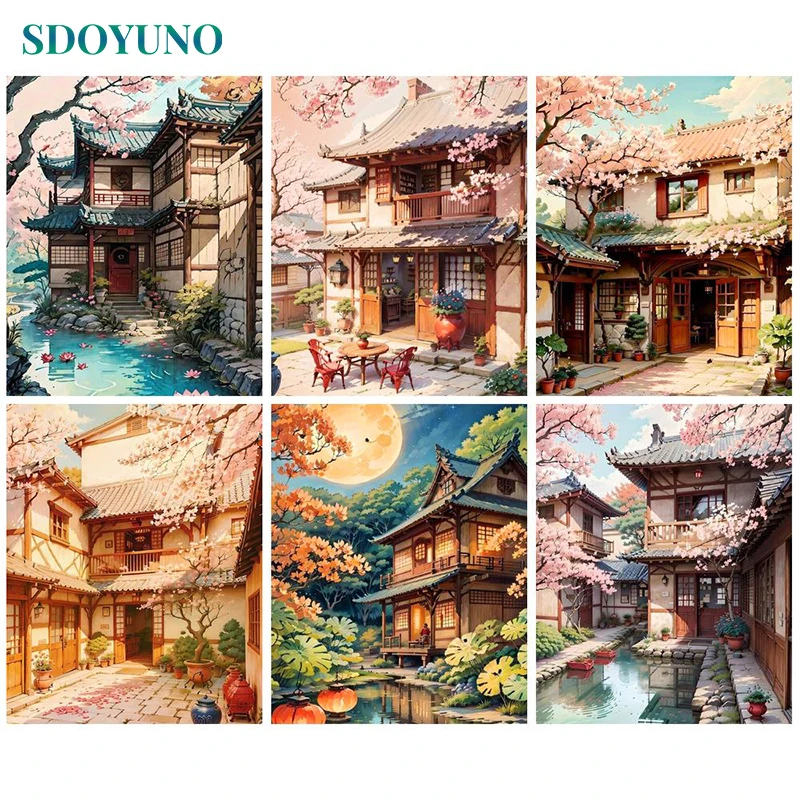 SDOYUNO DIY Paint By Number Anime Villa House Landscape Pictures By Number For Adults Oil HandPainted Art Gift Home Decor