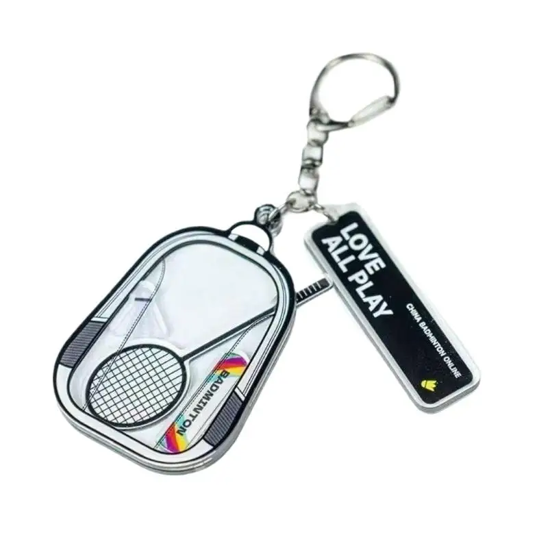 Badminton-Themen-Schlüsselanhänger aus transparentem Acryl mit schwebendem Federball und Schläger-Anhänger, sportliches Dekoratives Taschenornament. – Detail 7