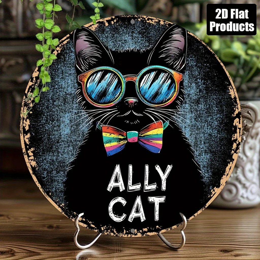 2D Flat, Ally Cat Design,Round Aluminum Metal Decorative Sign,Home Decor,Suitable for Bar,Café,Home Office,Autumn Halloween Gift