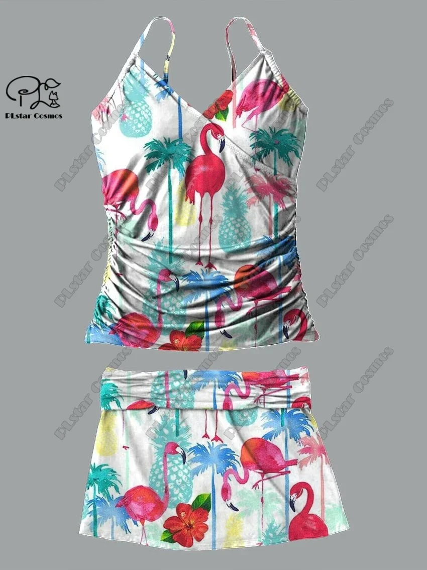 Traje de baño de dos piezas con cuello en V para mujer, falda con tirantes y estampado 3D de flores y flamencos, para vacaciones y viajes, novedad de H-4