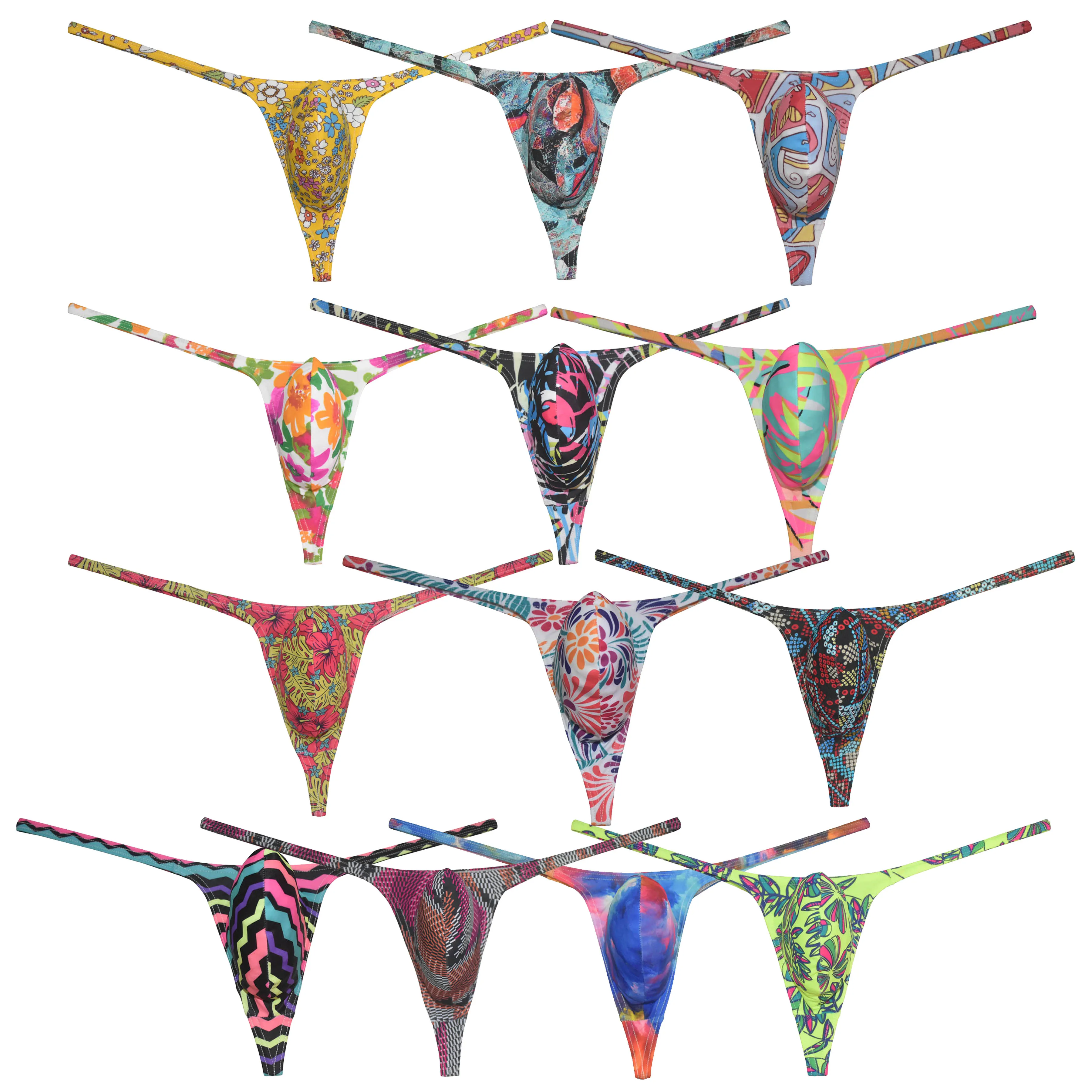 

2PCS Men's Thongs Low Rise Bikini Briefs Underwear Bodybuilding Male Micro G-String Enhance Big Pouch Tangas Printed Beach Silky