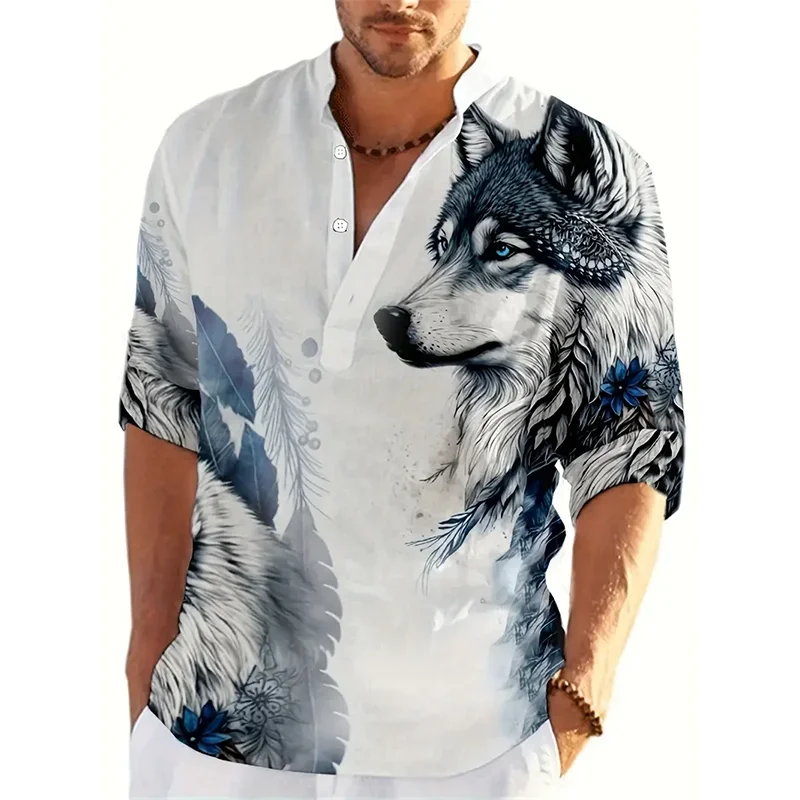 

Animal Wolf 3D Printed Henley Shirts Men's Fashion Streetwear Oversized Stand Collar Long Sleeve Shirt Tops Blouse Man Clothing
