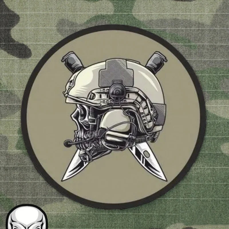 Skull Emblem Wearing A Helmet Tactical Skull Morale Badge Backpack Decoration Sticker Print Hook and Loop Patches for Clothing