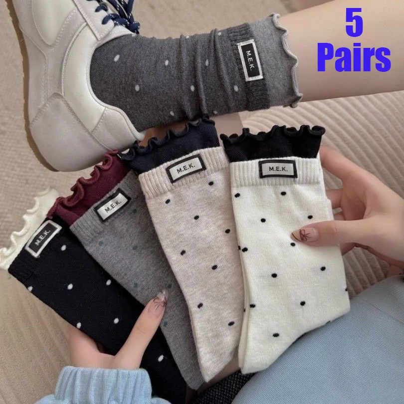 Spring 5 Pairs Women Socks New Dots Cute Frilly Casual Fashion Mid Socks Breathable Preppy Style Ladies Novelties Socks Soft