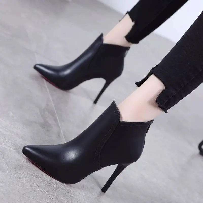 Botines de cuero negro Tacones muy altos Botines para mujer Ante Punta puntiaguda Zapatos cortos Mujer Chic y elegante en oferta