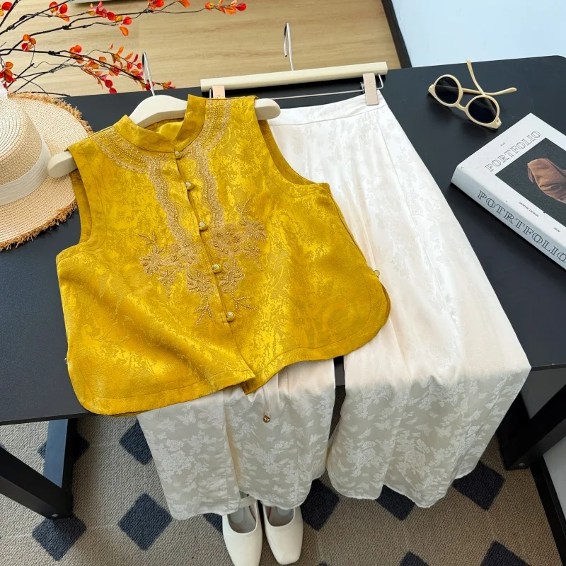 New Chinese Style Autumn Heavy Embroidery Beaded round Neck Open Cardigan Vest Top with Wide Leg Pants Set Fashionable Women'...