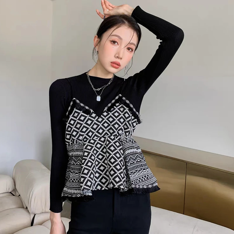 Spring Autumn Suit Women\'s Korean Slim Plaid Patchwork Sweater High Waist Half Skirt Two Piece Set Knitwear Tops Skirts Outfits