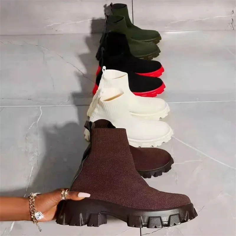 Women Boots White Platform Boots for Winter Autumn Botas Femininas Socks Ankle Boots Platform Shoes Women Heels Botines Mujer