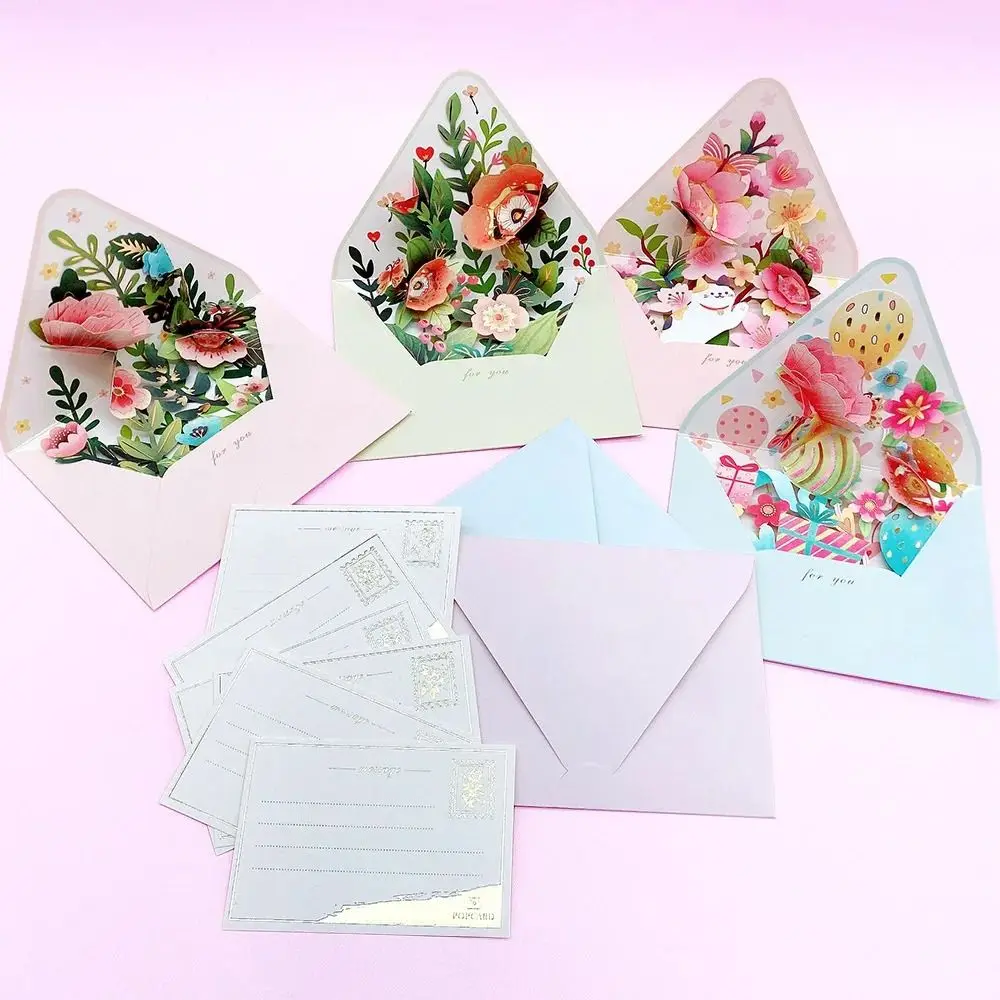 Romantic Flower Birthday Christmas Card 3D Pop-up Paper Greeting Cards Valentines Gifts with Envelope