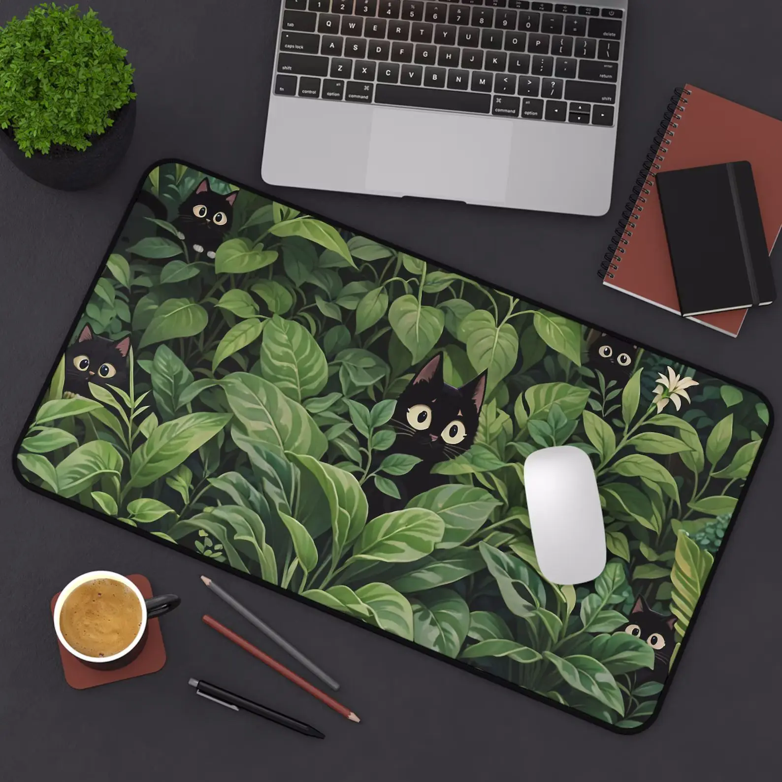 Cats Cute Grey Mouse Pad Flower Mat Kawaii Black Hidden Kitten Green Deskmat Plant Cool Mousepad Desk
