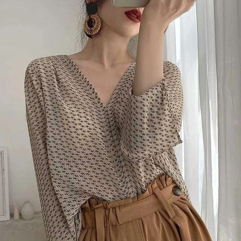 MEXZT Vintage Blouses Women Elegant V Neck Print Long Sleeve Loose Shirts Office Lady Casual Chiffon Chic Sun Protection Tops