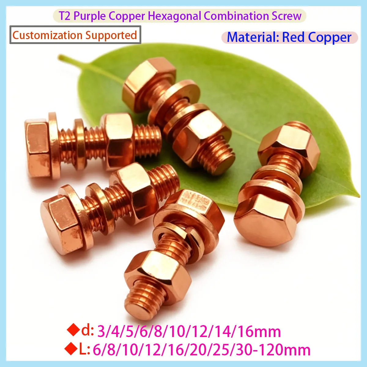 M3 M4 M5 M6 M8 M10 M12 M14 M16 Red Copper Hexagonal Bolt Nut Flat Washer Set/electrolytic Bolt