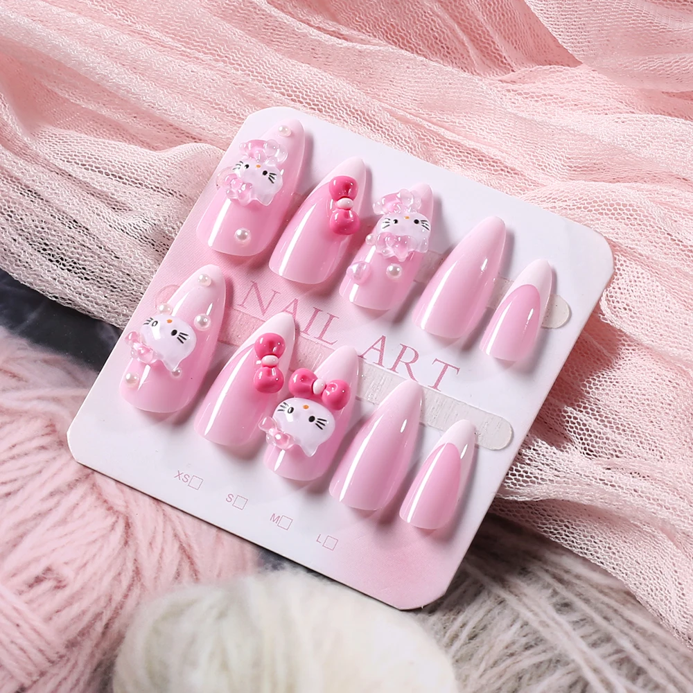 24Pcs Pink Almond Hello Kitty press on Fake nails Lovely Cartoon Kitty Head Bow Nail tips Y2k False nails Patches for Girls Gift