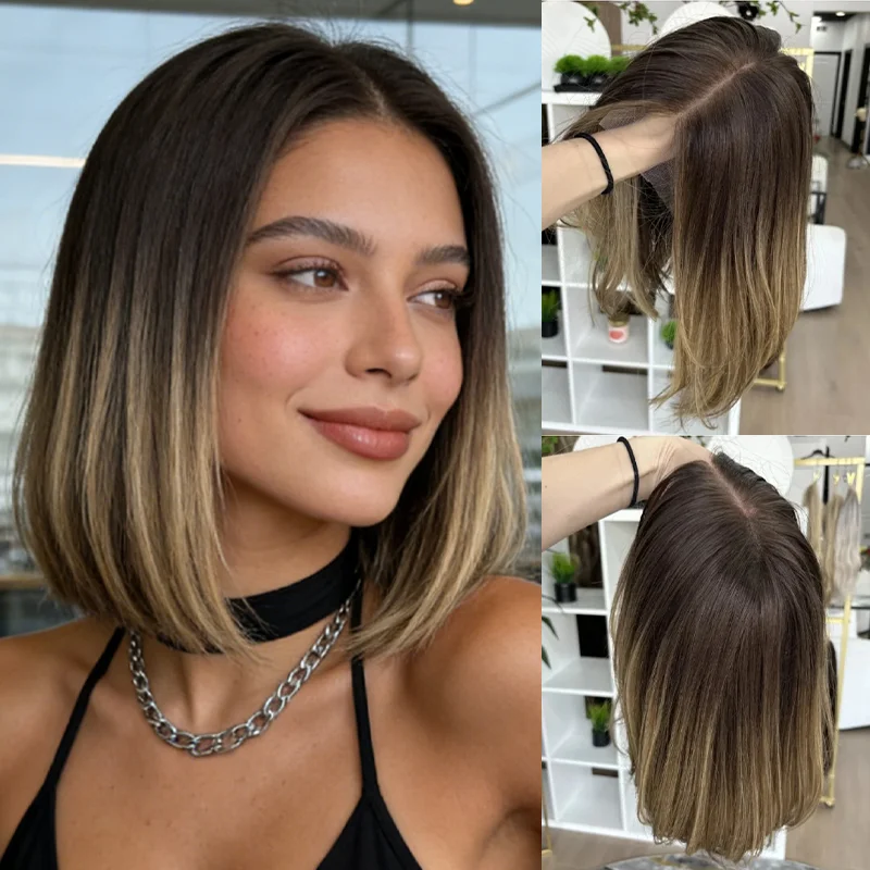 

Парик омбре медово-блонд с кружевной основой, с мелированием, из смеси натуральных волос, короткий прямой боб, с предварительно вычесанной линией роста волос, для женщин, для косплея, на каждый день, для вечеринок