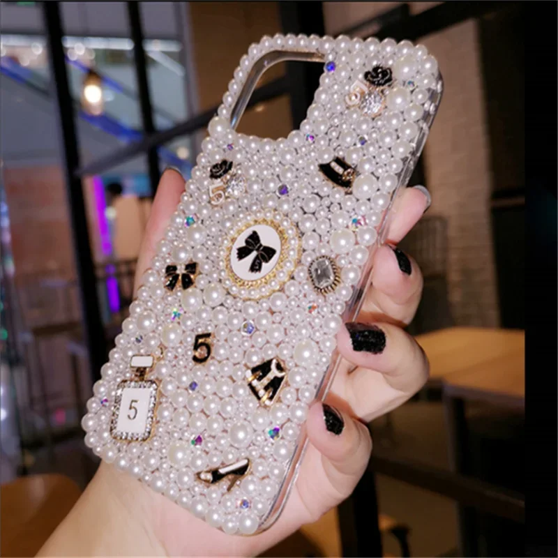 Luxury Bling Diamond Rhinestone Pearl Flower Crystal Case, Phone Case for iPhone 16Pro 15Plus, 14, 13, 12 Mini, 11 Pro Max Cover