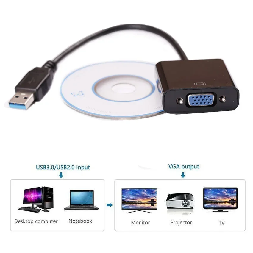 USB 3.0 To VGA Video Graphic Card Display External Adapter Cable Converter for Win7 Win8 Win10 Laptop PC Notebook Computer