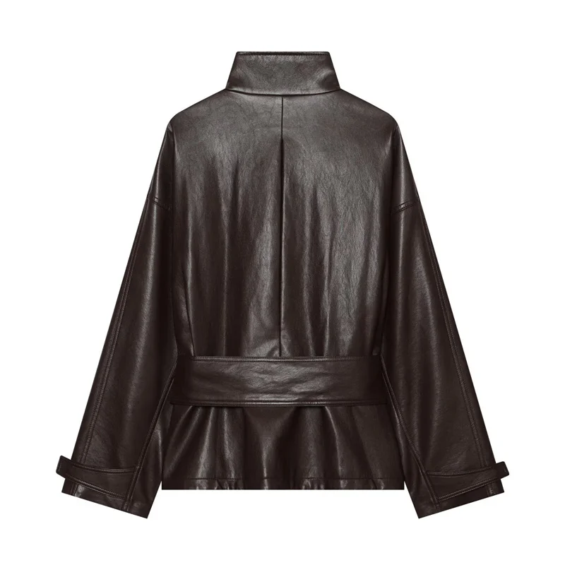 Guobioziy 2026 Autumn Slim Fit PU Leather Jacket Women Belted Waist Stand Collar Coat For Elegant Office Lady Work Wear