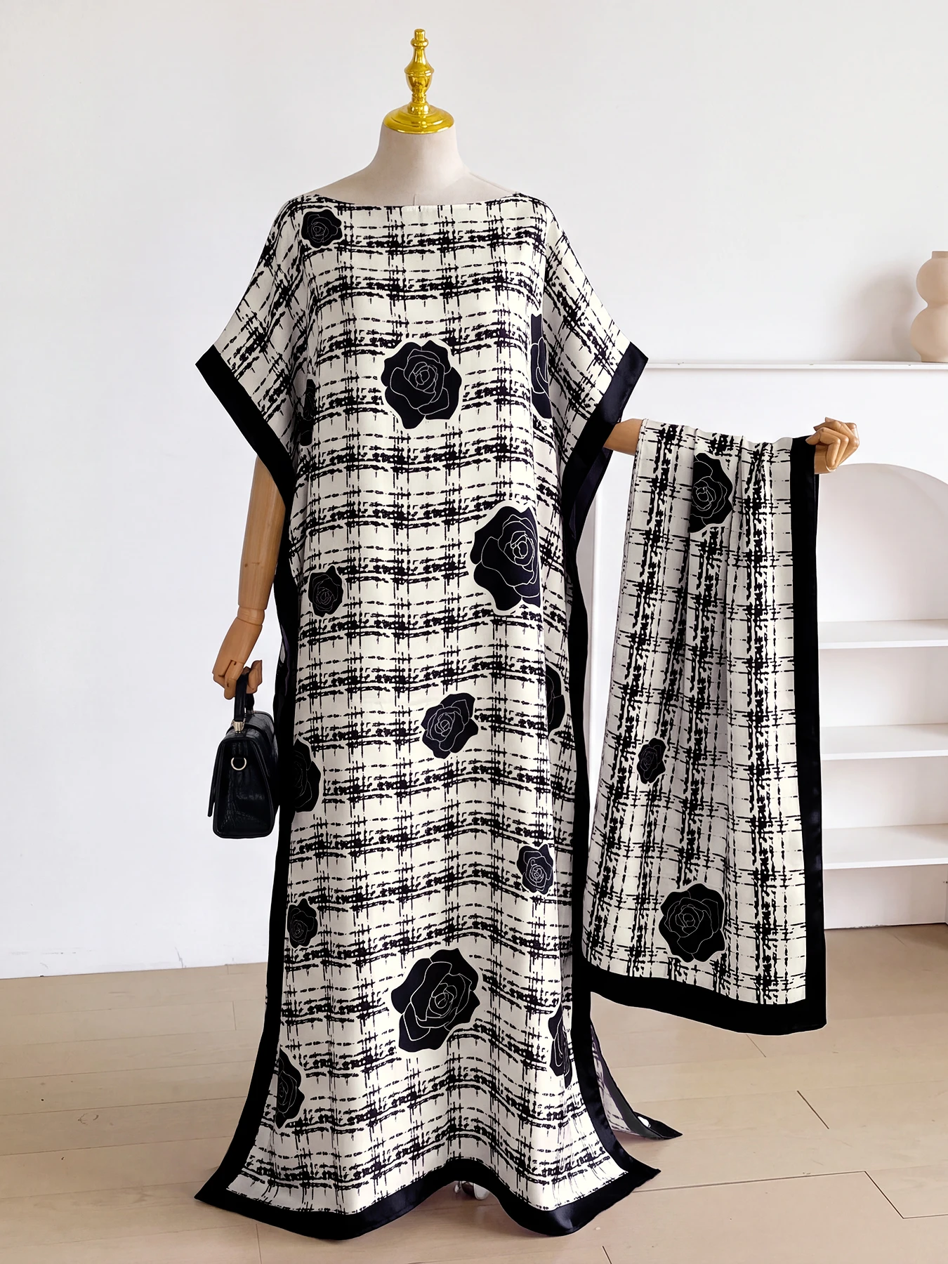 Dubai Muslim Abaya Set, Satin Rose & Animal Print Kaftan Long Dress with Headscarf for Women