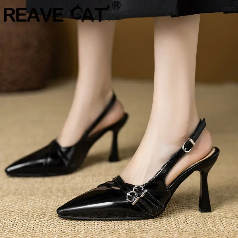 

REAVE CAT 2025 Блестящие женские босоножки с острым носком на тонком каблуке 9 см с пряжкой на спине и ремешком Большие размеры 45 46 47 Модная обувь для вечеринок и свиданий