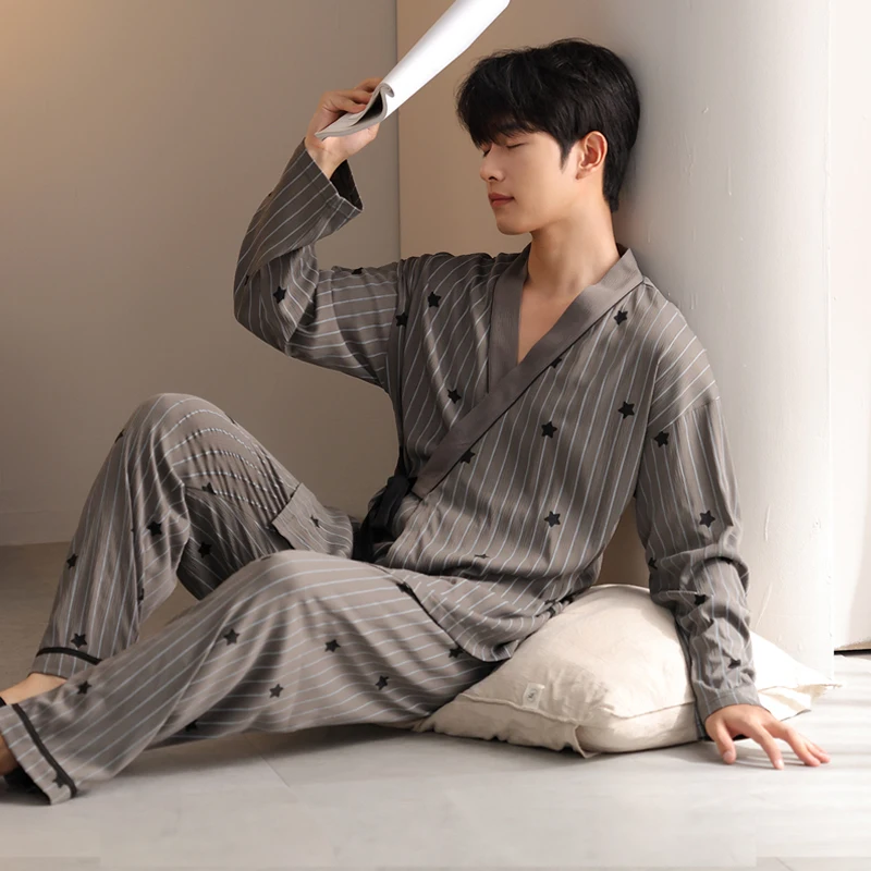 Autumn V-Neck Pyjamas Male Pajama Set Striped Geometry Star Print Japanese Kimonos For Men Big Yards 4XL Cotton Yukata Robes Set