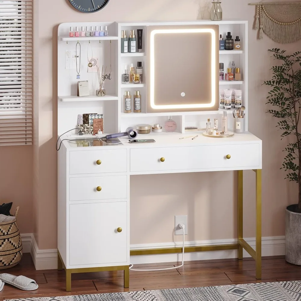 White Vanity Desk with Mirror and Lights, Vanity Table with Charging Station, Makeup Desk with Visible Drawers, Storage Shelves