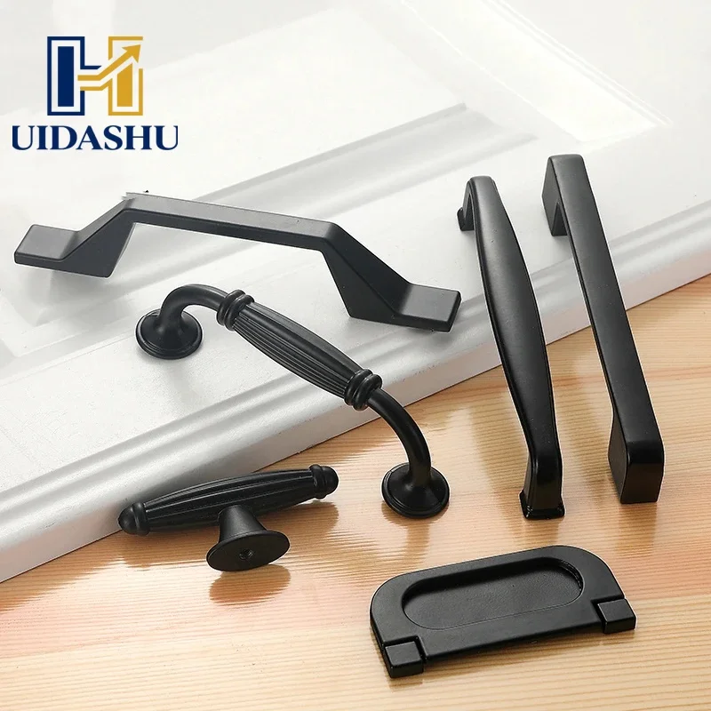 6PCS American Style Black Cabinet Handles Solid Aluminum Alloy Kitchen Cupboard Pull Drawer Knobs Furniture Handle Hardware