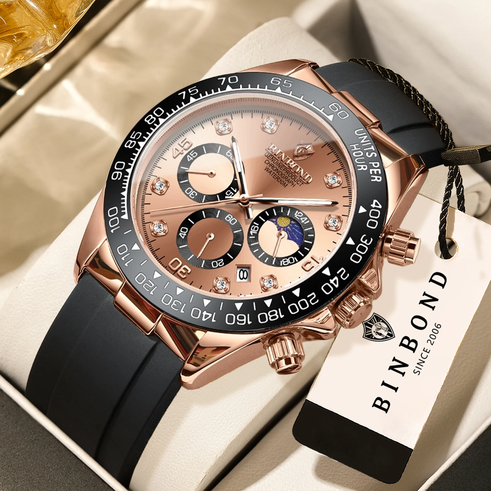 Montres sportives authentiques BINBOND pour hommes, montres de luxe lumineuses, étanches, chronographes précis, robustes et décontractées.
