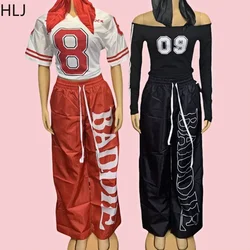 HLJ Fashion Letter Print Drawstring Pants Two Piece Sets For Women Off Shoulder Long Sleeve Top And Pants Outfits Y2K Streetwear