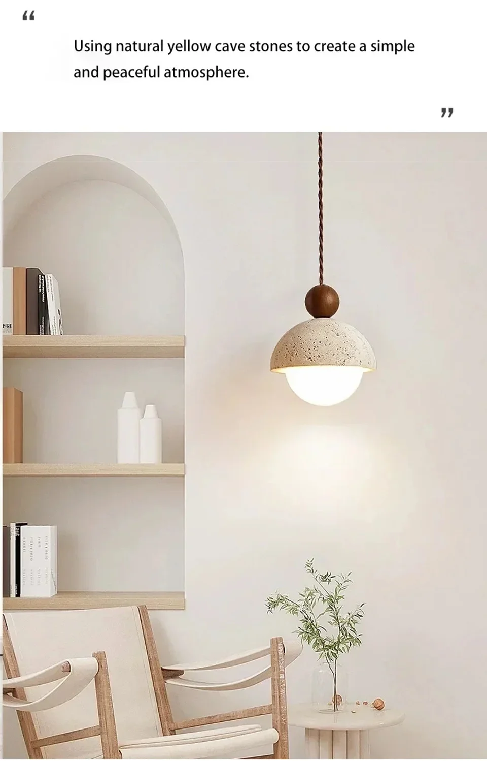 Natural Cave Stone Pendant Light LED Yellow Travertine Bedside Hanging Lighting Fixture for Restaurant Bedroom Living Room Decor