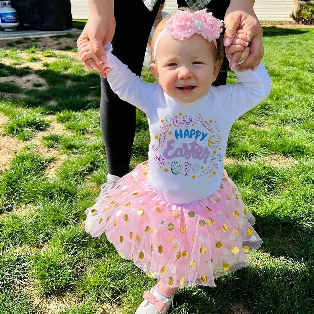 Girls Infant Long Sleeve Tutu Dress My First Easter Pattern Print Cake Skirt Baby Romper+tutu Skirts Set Family Party Wear