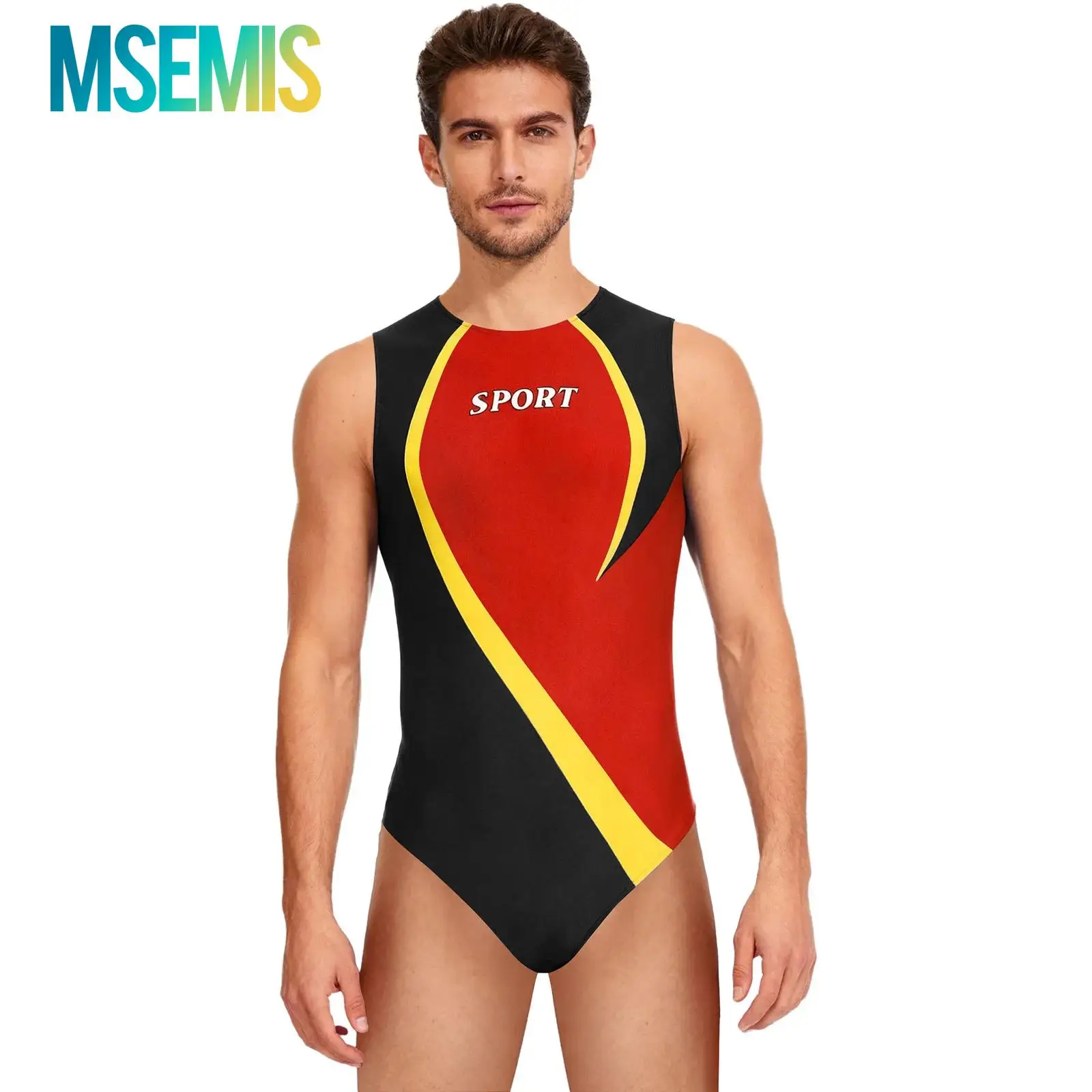 

Swimwear Mens Gym Workout Athletic Leotard Jumpsuit Swimsuit Round Neck Back Invisible Zipper Color Block Sports Bodysuit