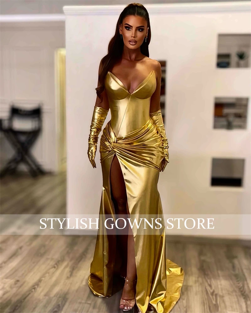 Gold Sweetheart Long Prom Dresses For Black Girls Pleat 2024 Birthday Luxury Dress Mermaid Split Evening Dresses With Gloves