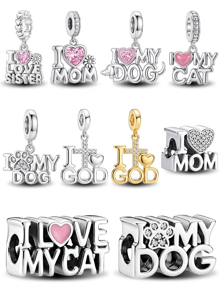925 Sterling Silber Mode 'I Love Mom' Gott-Hund-Serie Charm-Anhänger für Armbänder DIY Hochwertiger Damenschmuck