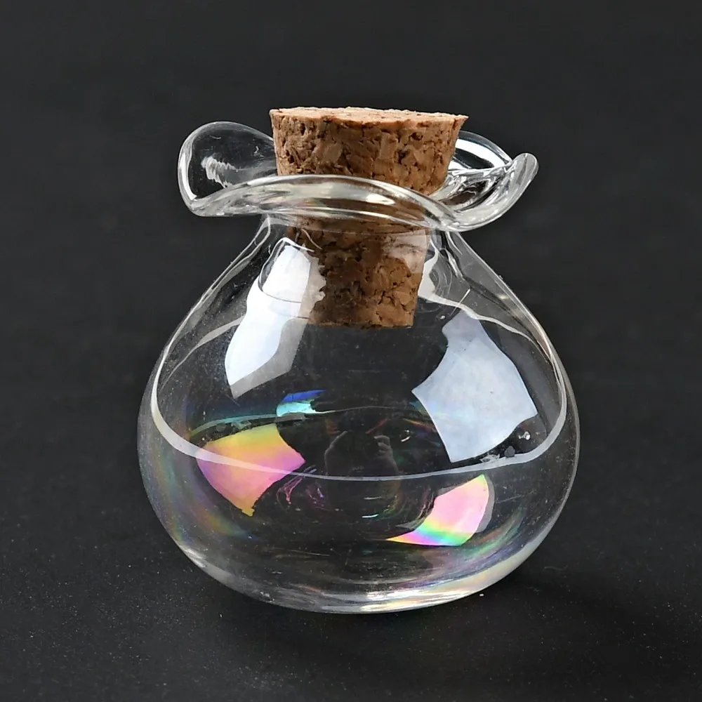 10pcs 2.5cm Lucky Bag Shape Glass Cork Bottles Ornament Glass Empty Wishing Bottles for DIY Vials for Pendant Decorations