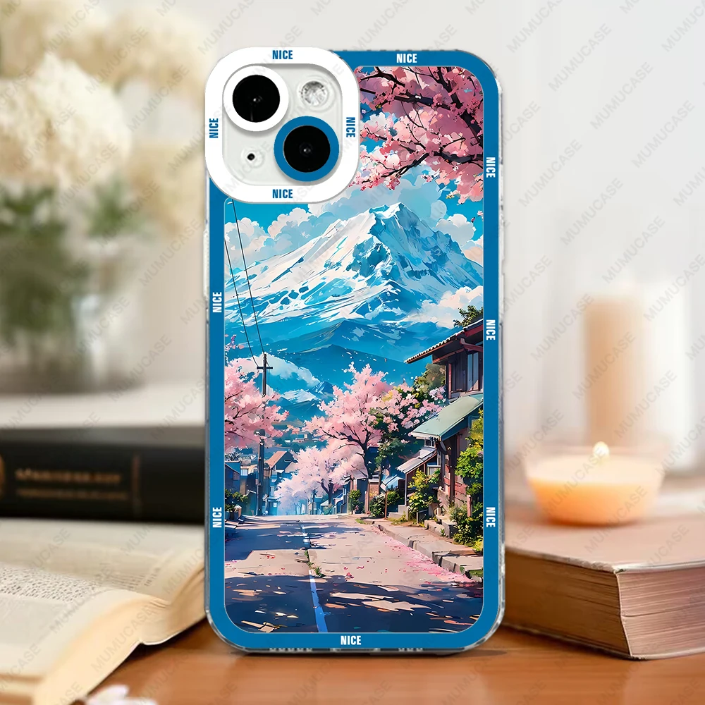 Case For iPhone 16 15 14 13 Pro Max 12 Mini 11 XS X XR SE 7 8 Plus Soft Cover Japanese Landscape Cherry Blossoms