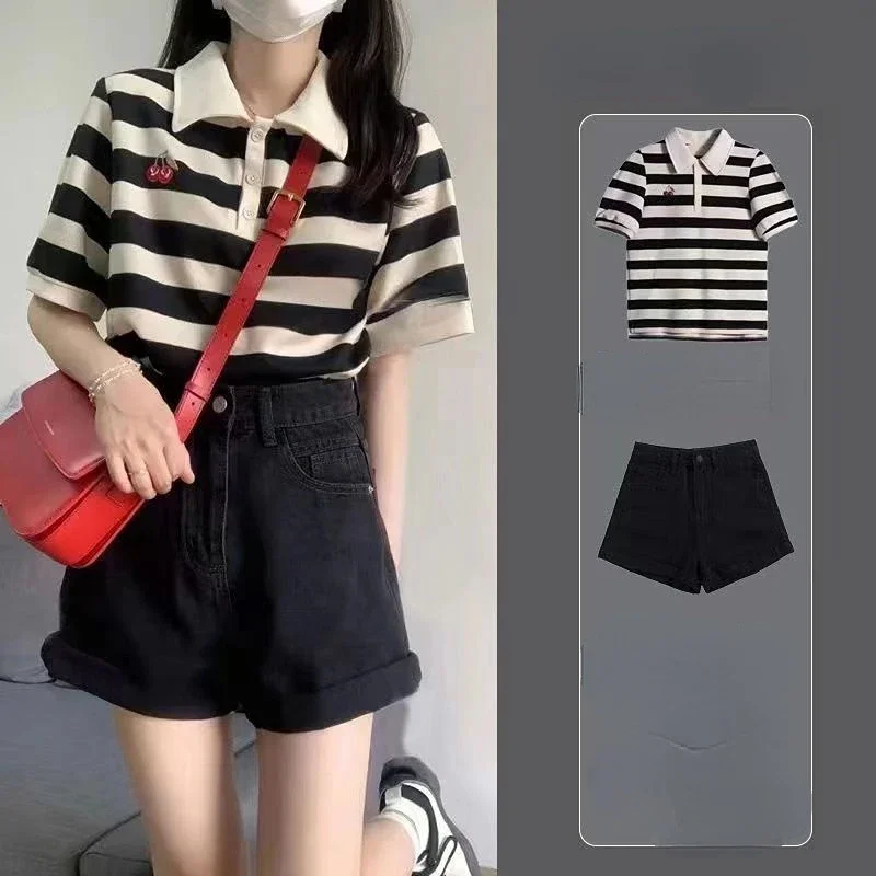 2023 Summer New College Style Polo Collar Striped Tops Denim Shorts Two-piece Set of Age Reduction Sweet Cool Small T-shirt 2K