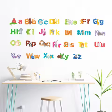 English Alphabet With Cute Animal Wall Stickers For Kids Room Home Decoration Diy Cartoon Safari Mural Art Nursery Wall Decal