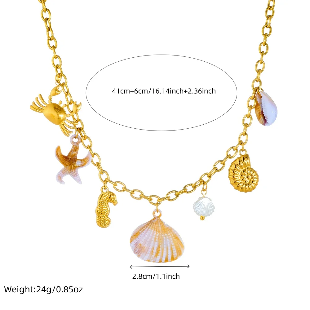 LAMENGLY 316L Stainless Steel Novelty Fun Amber Shell Starfish Conch Pendant Necklace Women Fresh Ocean Style Neck Chain Gifts
