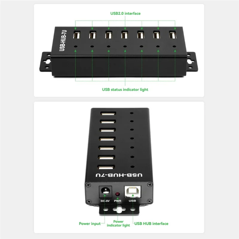 HUB USB Industrial, adaptador HUB de expansión de puertos USB 2,0 de 7 canales para Win11/10/8 Linux con adaptador de corriente de 5V