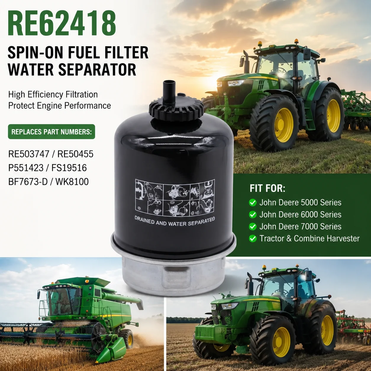 Filtro de Combustible Spin On RE62418 Reemplaza P551423 FS19516 BF7673-D Compatible con Tractores y Cosechadoras John Deere Serie 5000 6000