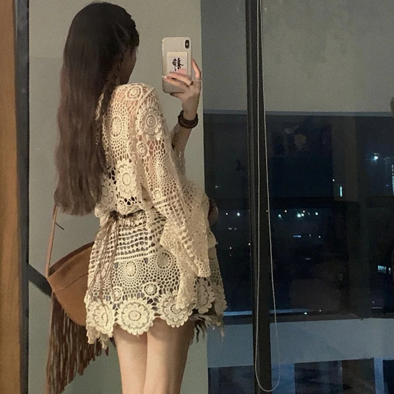 Bohemian Style Lace Hollow out Summer Thin Knitted Sun Protection Outerwear Women's Top V-Neck Long Sleeve Loose Fit Knitwear