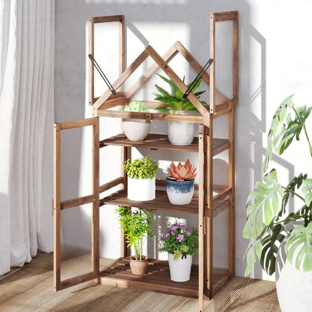 Mini Wooden Greenhouse Raised Flower Planter Shelf w/Transparent Openable Roof, Double Doors & 3 Tier Shelves, Greenhouses