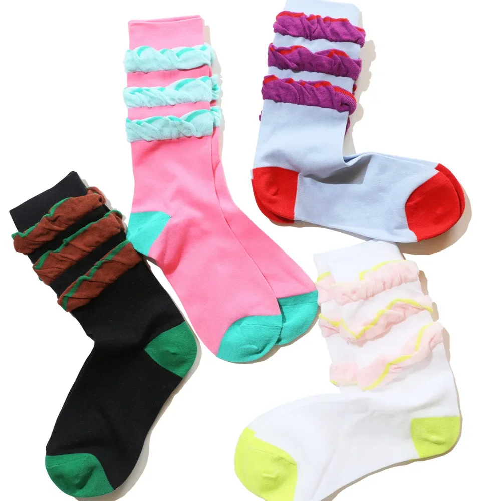 4 Colors Harajuku Fashion Socks Soft flounces Color Contrast Mid Tube Socks Candy Color Cotton Sock Women Sweet Cool Socks