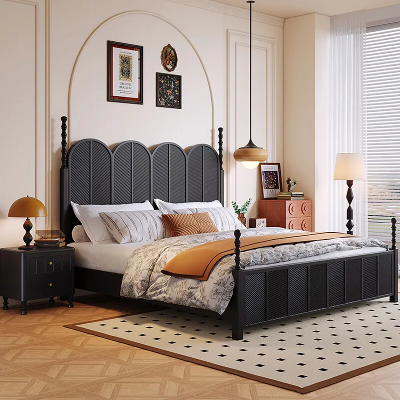 French retro medieval style solid wood bed with carved Roman columns, black American light luxury