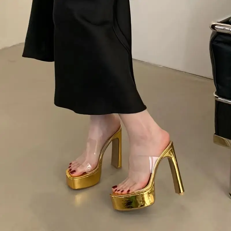 

Gold Silver Platform Sandals Woman Transparent PVC Chunky High Heels Square Toe Slip On Slippers Party Casual Mules Shoes