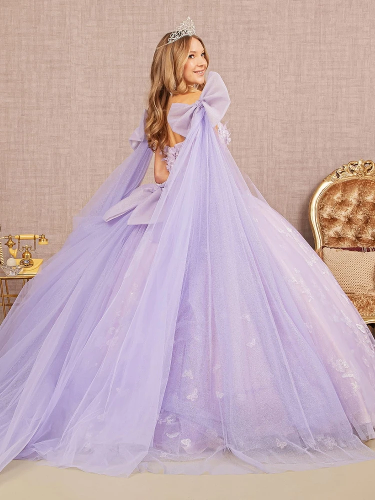 Purple Women Wedding Dress Tulle Flowers Appliques With Bow Shawl Sleeveless For Bridesmaid Evening Banquet Birthday Prom Gowns