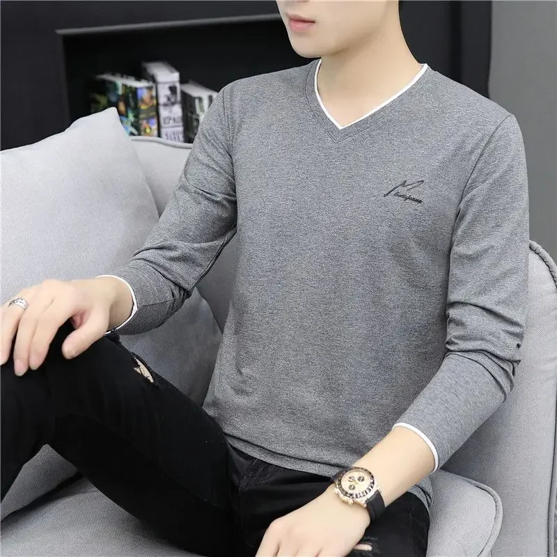 Male Pullover Plain V Neck Tight Slim Fit Unicolor Sweatshirt Tops Tee Xl Bulk New High Quality Quotes Original Men's T-shirts