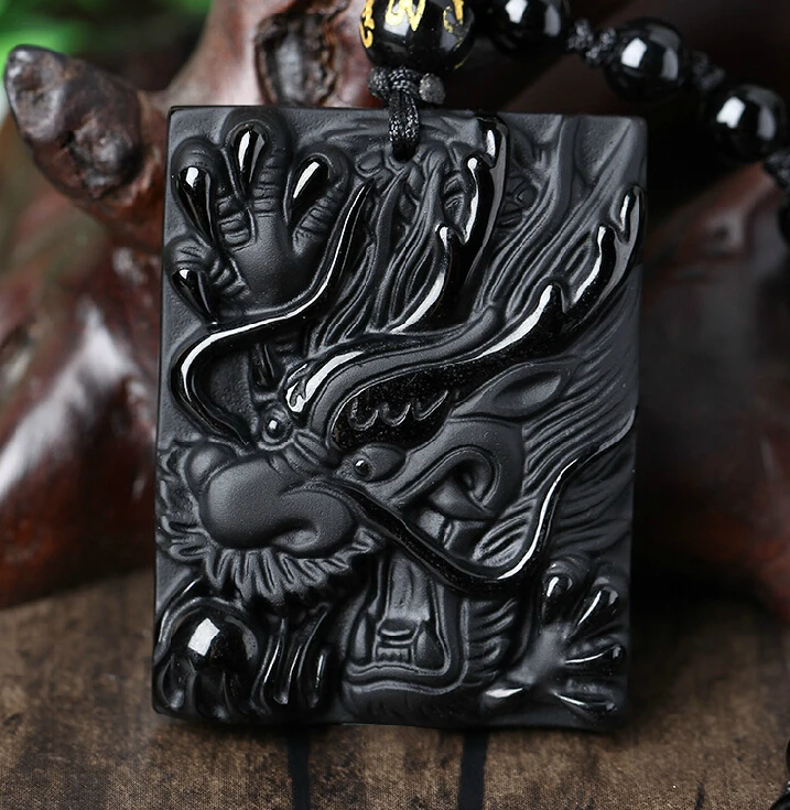 Natural Black Obsidian Carved Chinese Dragon Head Square Lucky Pendant Amulet Beads Necklace Trendy Vintage Gift Jewelry